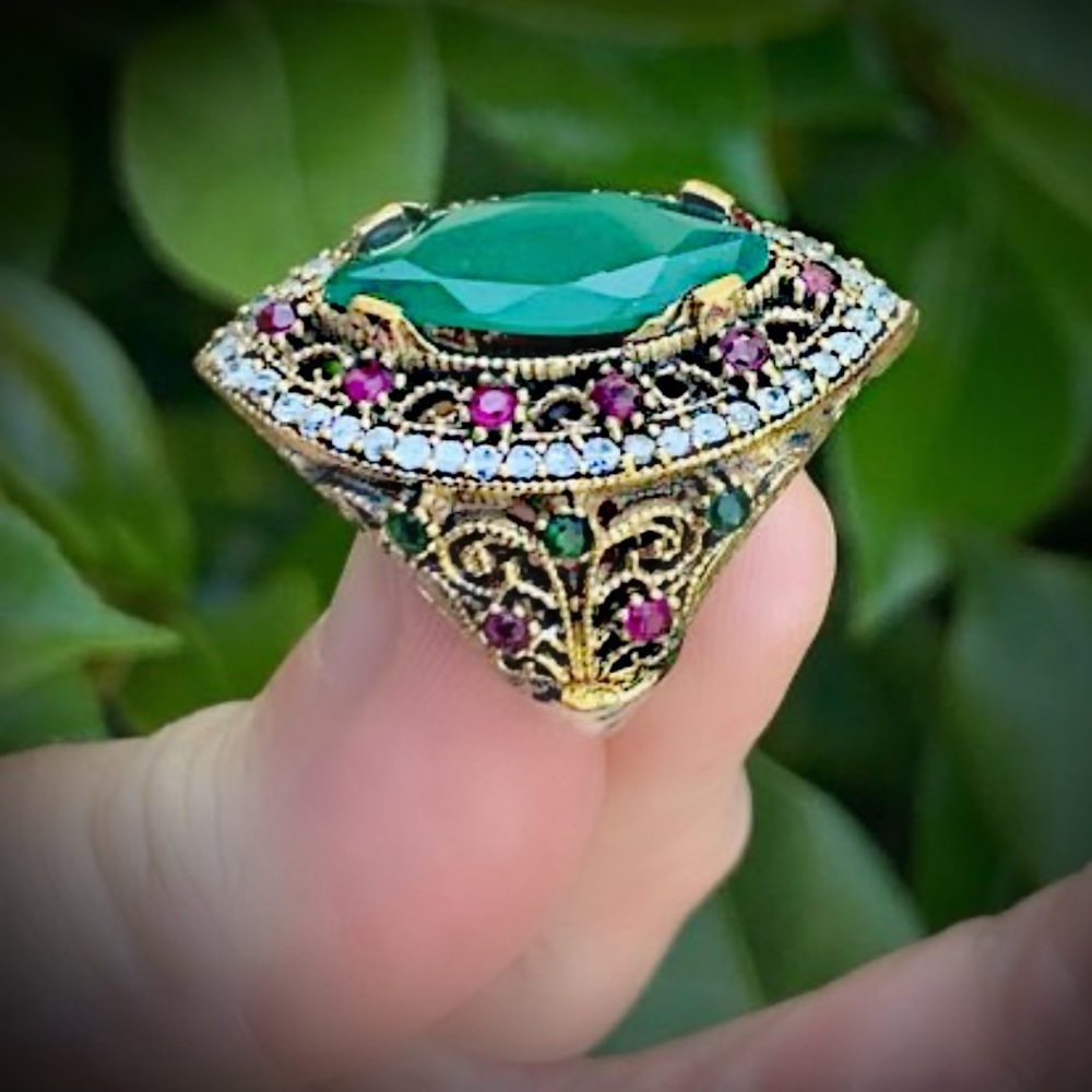 EMERALD RUBY FINE RING 9 Solid 925 Sterling/Gold